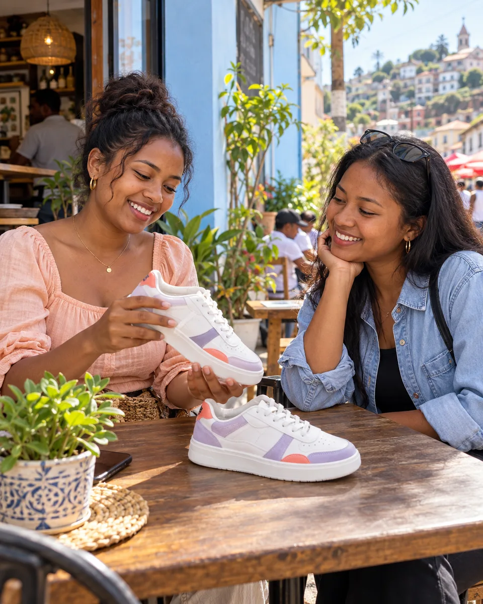 Deux jeunes femmes échangent autour de baskets dans un café de quartier