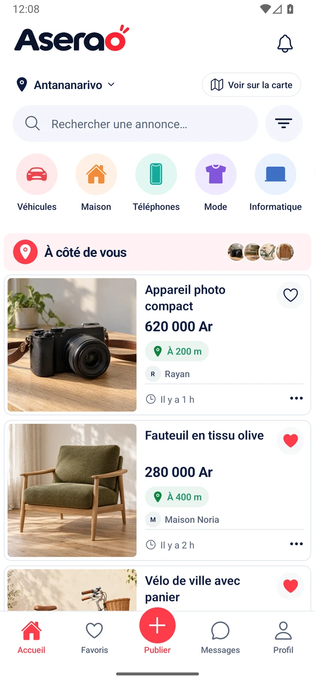 Accueil Aserao : catégories, annonces à proximité, prix et profils vendeurs