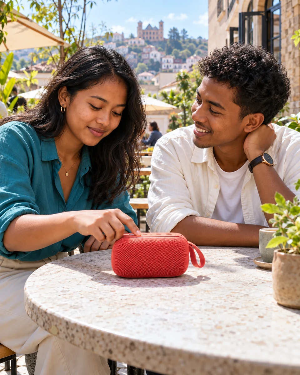 Deux jeunes amis découvrent une enceinte portable dans un café ensoleillé